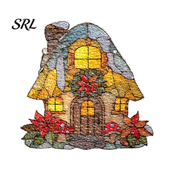 Christmas Cabin Hanging Decoration Moon-Shaped Wreath Acrylic Ornament, Butterfly Angel Floral Stained Glass Style Mosaic Waterproof Indoor Atmosphere