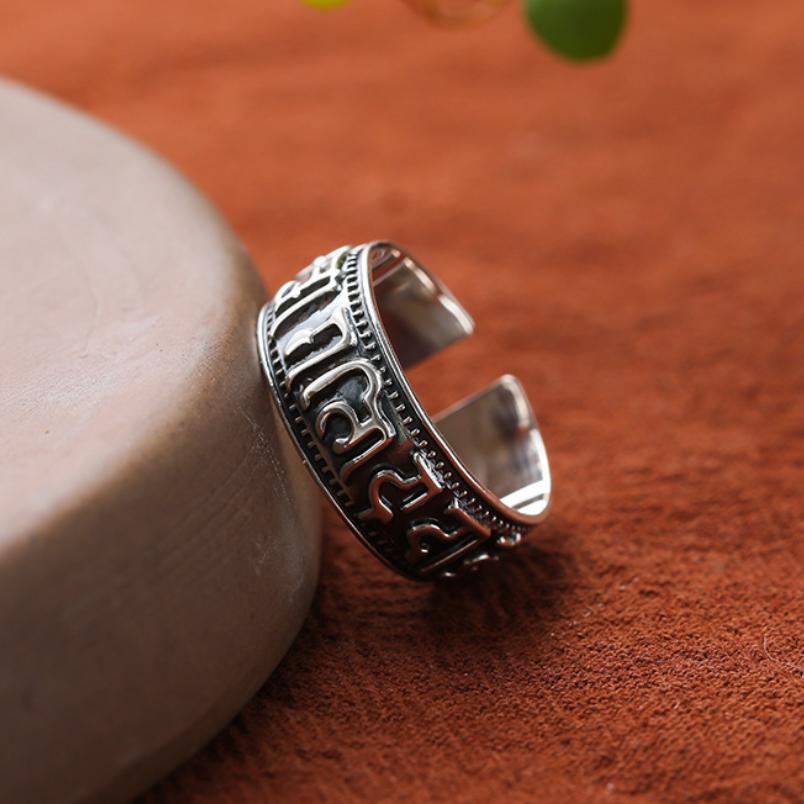 S925 Sterling Silver Mantra Saint Religious Ring Thai Silver Six -Character Mantra Cylinder Opening Adjustable Ring Jewelry