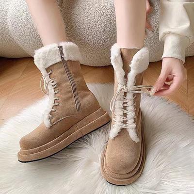 Зимние новые трендовые туфли на платформе и плоской подошве, повседневные короткие плюшевые ботинки, замшевые женские зимние ботинки до середины голени, модные теплые хлопковые ботинки для активного отдыха