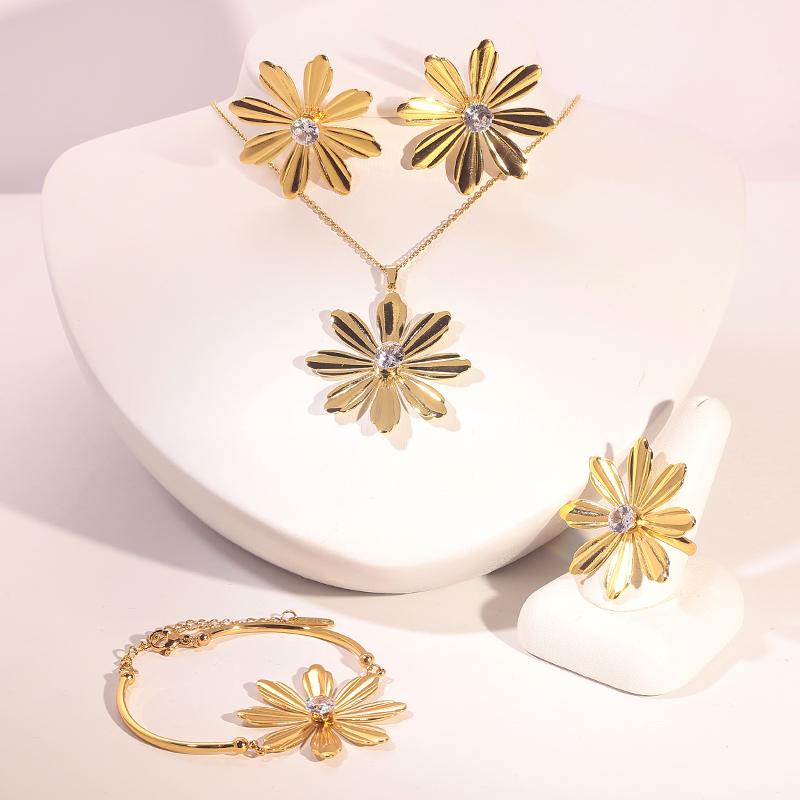 Stainless Steel Gold Flower Set Women 4pcs Necklace Earrings Bracelet Ring Cubic Zirconia Luxury Wedding Party Anniversary Gift