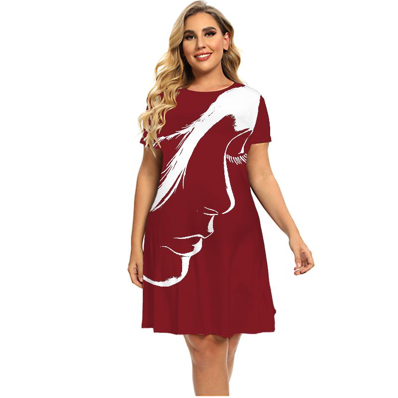 Платье с принтом для лица, женское свободное платье с коротким рукавом, летнее мини-платье большого размера, повседневная женская одежда больших размеров