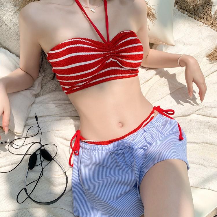 Thailand vacation split bikini sexy babes striped simple loose shorts hot spring beach seaside three-piece set