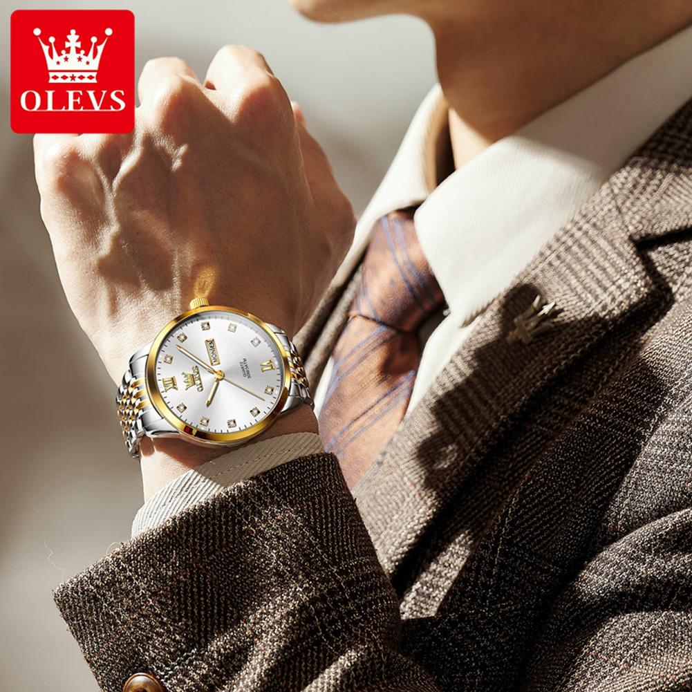 OLEVS 2943 Original Men's Quartz Wristwatch Waterproof Luminous Dual Calendar Business Luxury Diamond Watch for Man