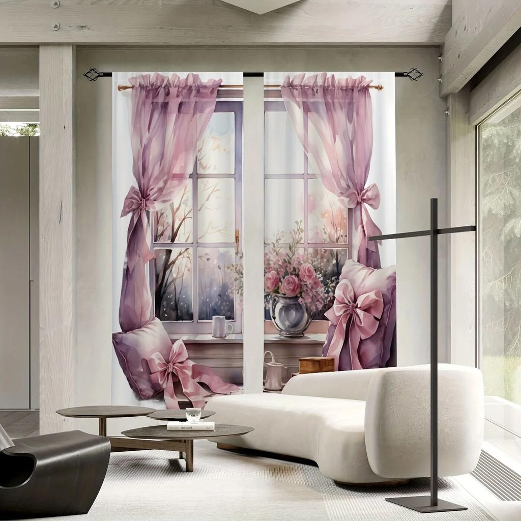 2 шт., полупрозрачные шторы с акварельным цветочным принтом, многосценные стержни, карманный декор, шторы для гостиной, спальни, домашний декор