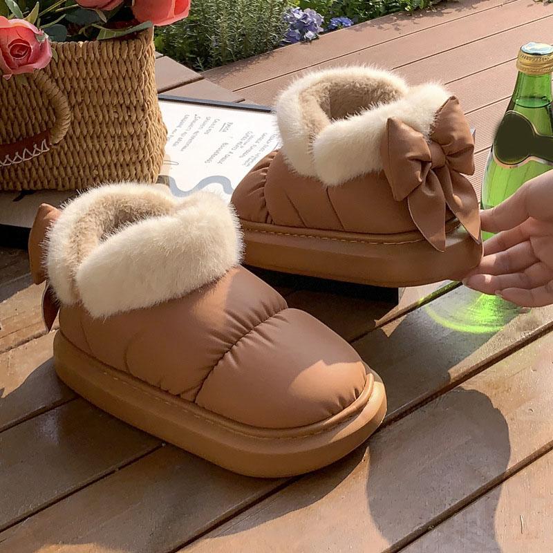 Зимние хлопковые тапочки, симпатичные теплые ботильоны, женские теплые плюшевые хлопковые туфли с бантом, водонепроницаемые короткие зимние ботинки из пуха