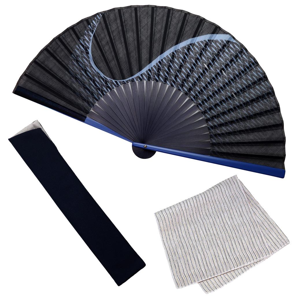 Fan Fan Set with Sakana Grade Blue [Osaka Choseido] Fan, Men's, Fashionable, Business, Bag, Holder, Handkerchief,