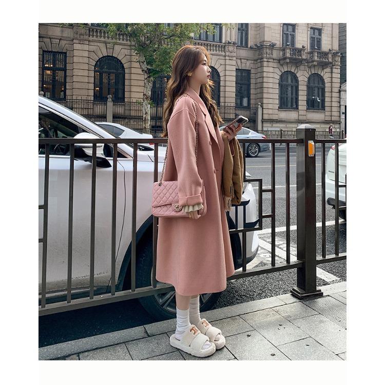 Шикарное и теплое розовое шерстяное пальто для женщин свободного кроя средней длины в корейском стиле