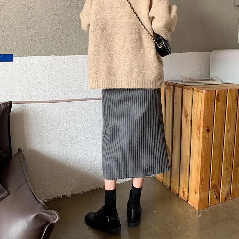 Женские юбки Осень и зима без разрезов Трикотажные юбки средней длины с высокой талией Тонкая юбка трапециевидной формы