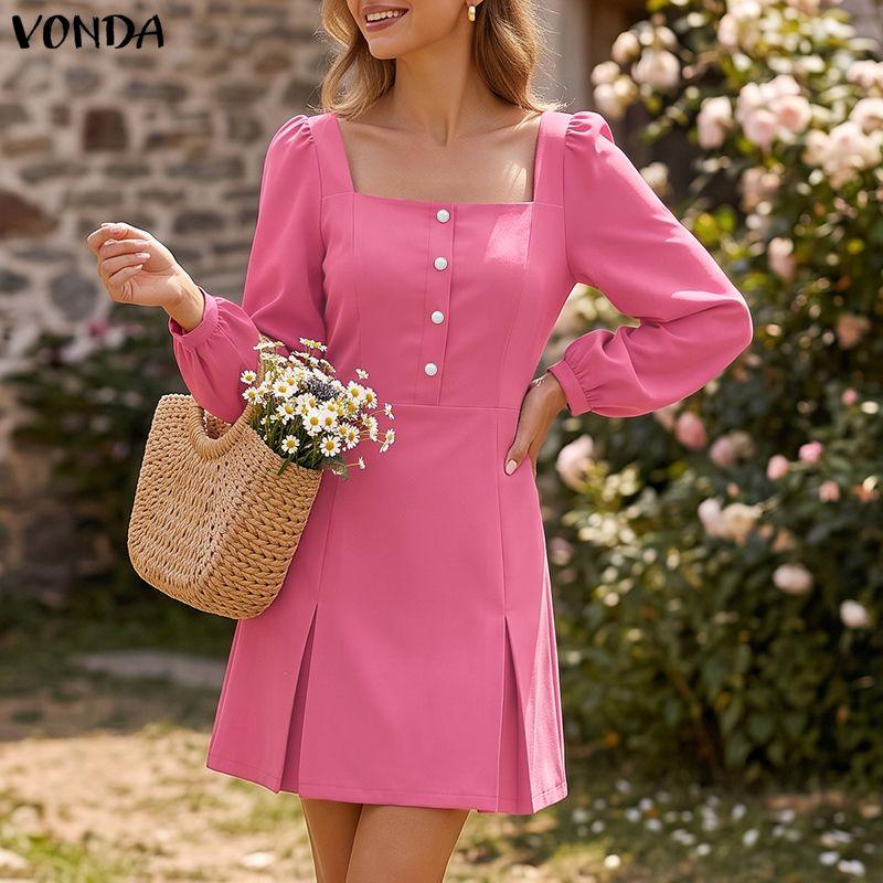 VONDA Женские мини-платья повседневные, однотонные, с квадратным вырезом, пышными длинными рукавами и узкой талией