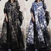 Plus Size Women's Vintage Autumn Ethnic Print Cotton Linen Dress - Loose Long Sleeve Big Swing Skirt