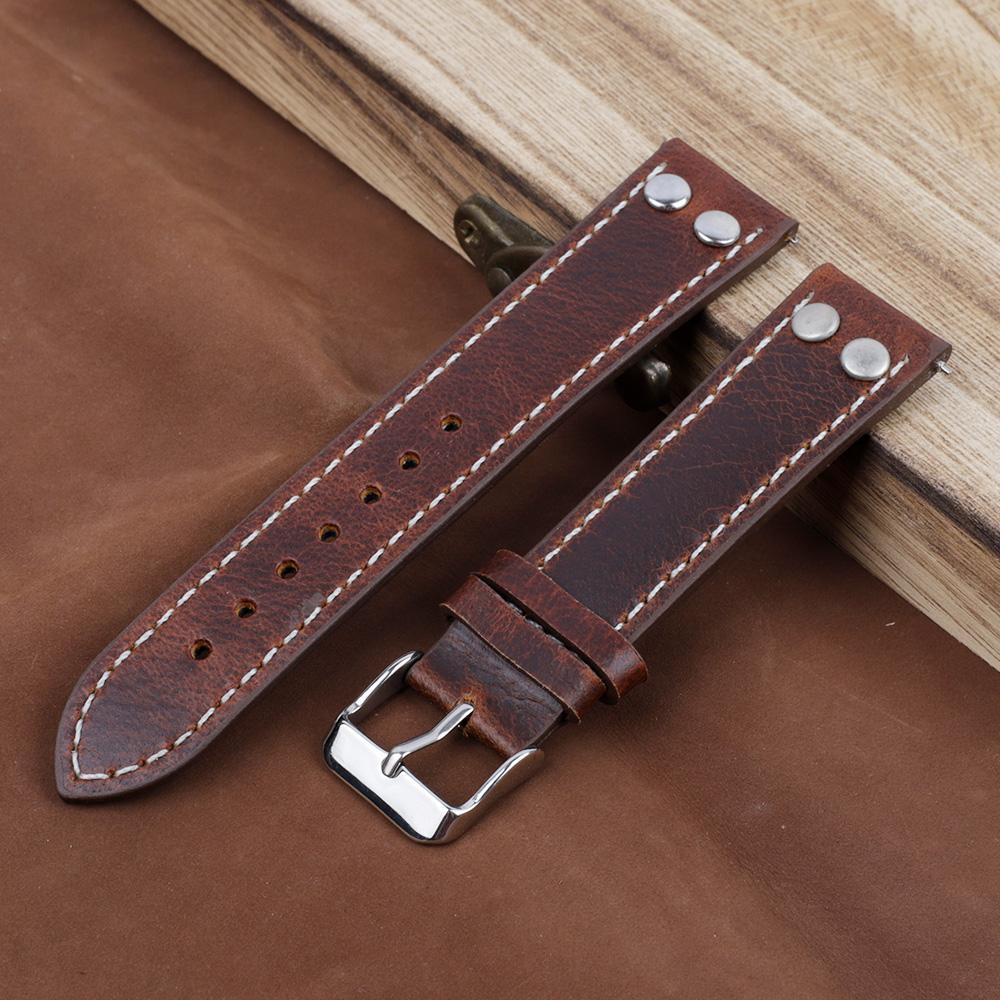 Oil Wax Genuine Leather Watch Strap 18mm-24mm Retro Rivets Bracelet Wristband Replacement Quick Release Watch Strap for Men
