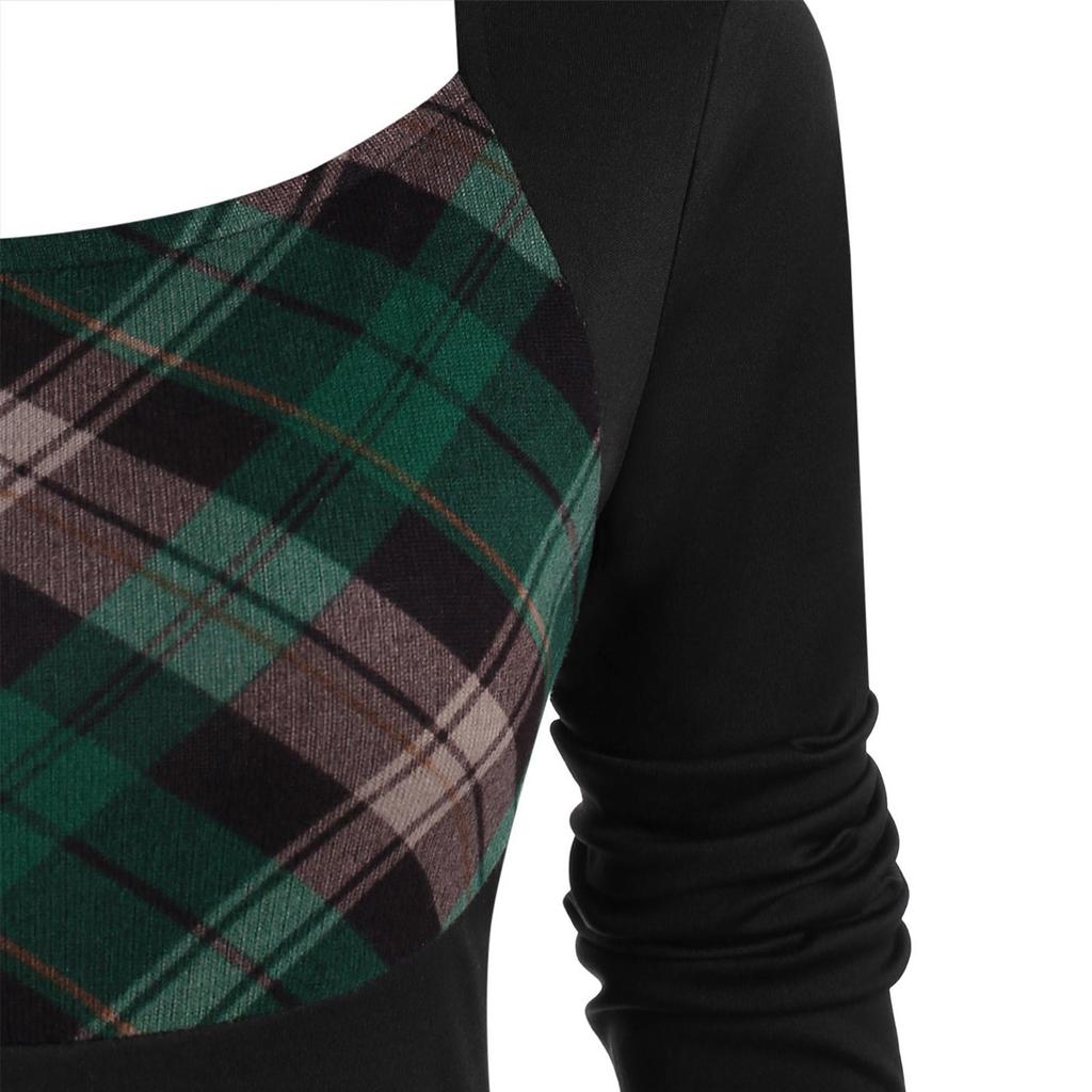 Женское винтажное клетчатое лоскутное платье с длинными рукавами и круглым вырезом на пуговицах