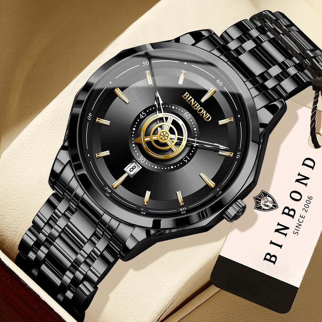 BINBOND Orginal Men's Waterproof Luminous Quartz Watch For Men Luxury Auto Date Sturdy Wristwatch Casual Reloj