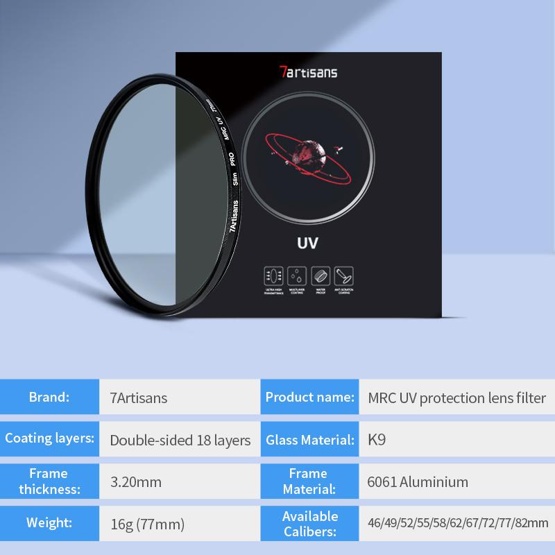 7artisans 46-82mm MRC-UV Protection Filter with 18 Multi-Layer Coatings/Scratch Resistant Ultra-Slim UV Filter for Camera Lens