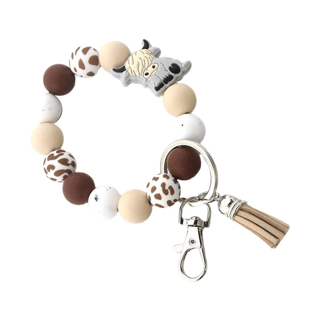 Highland Cow Silicone Tassels Keyring Durable Silicone Beaded Wrist Lanyard with Highland Cow Accent Keychain Pendant
