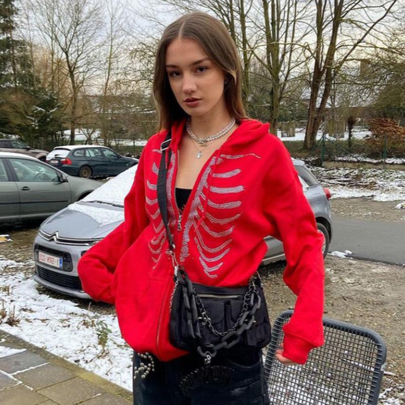 Y2K Rhinestone Skeleton Hoodies Women Gothic Black Red Zip-up Sweatshirts Female Retro Harajuku Hooded Coats Streetwear