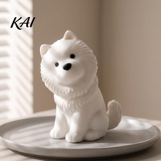 Lightweight Pet Statue Cute Sitting Samoyed Dog Figurine, 3D Printed Smiling Puppy Statue, Healing Miniature Figurine Animal Desktop Ornament for Home