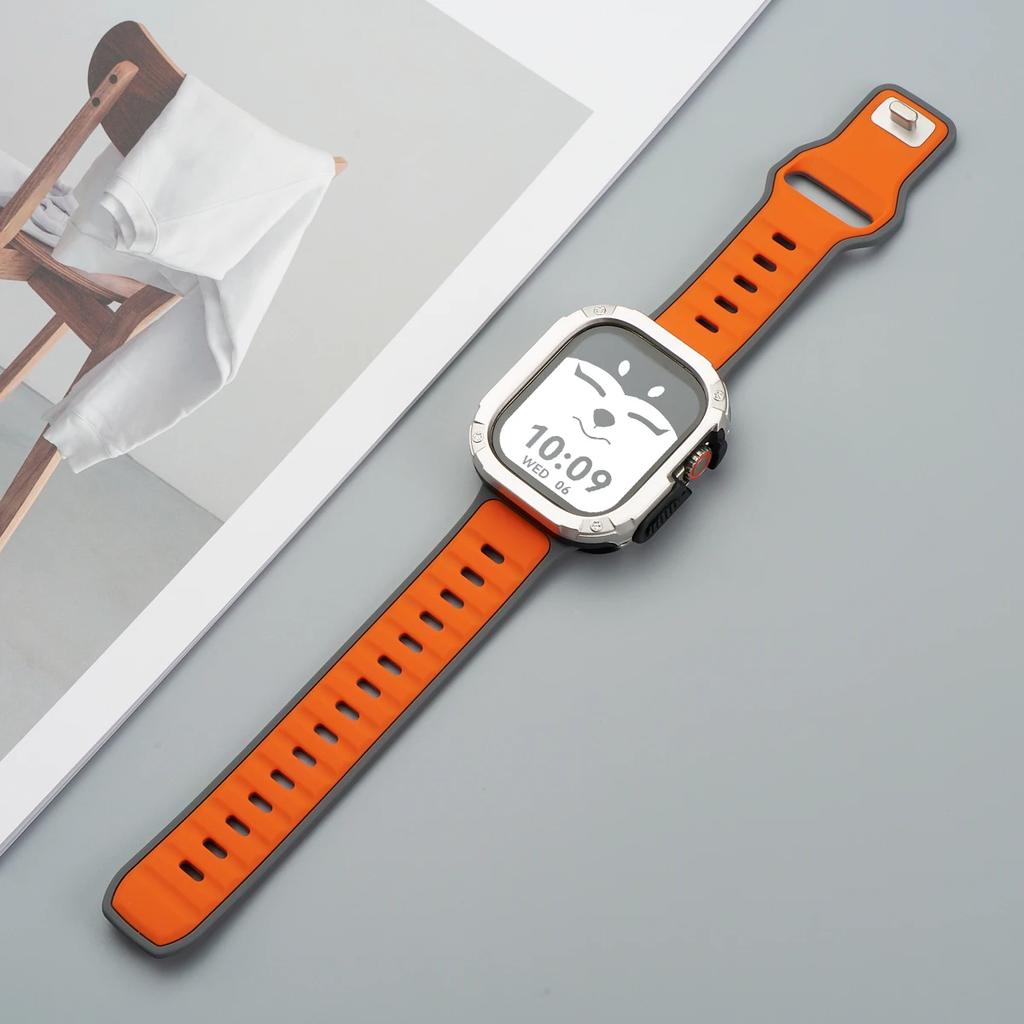 Ремешок+Чехол для Apple Watch 49мм 44 45 46ММ TPU+PC Защитный Бампер Силиконовый Ремешок для Iwatch Серии 10 9 8 7 6 5 4 Se Ultra 1 2