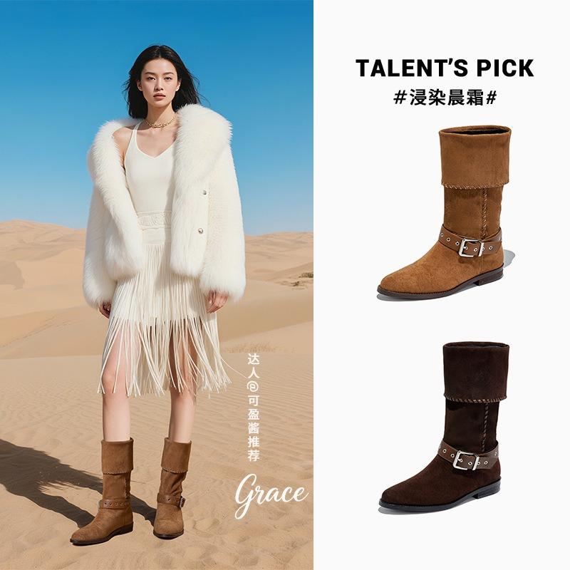 Retro Stacking Boots Autumn and Winter New Thick Heel Buckle Western Cowboy Knight Boots Casual Boots