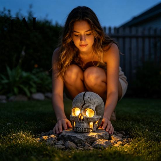 Led Candle Lamp Cracked Skull Garden Solar Light, Resin LED Statue Spooky Industrial Table Decor Ornament, Halloween Gothic Decoration for Haunted
