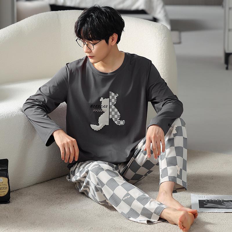 Тип Пижамный костюм из чистого хлопка на осень-зиму для мужчин с длинными рукавами из хлопка, комплект домашней одежды для мужчин, мягкая домашняя одежда для мужчин