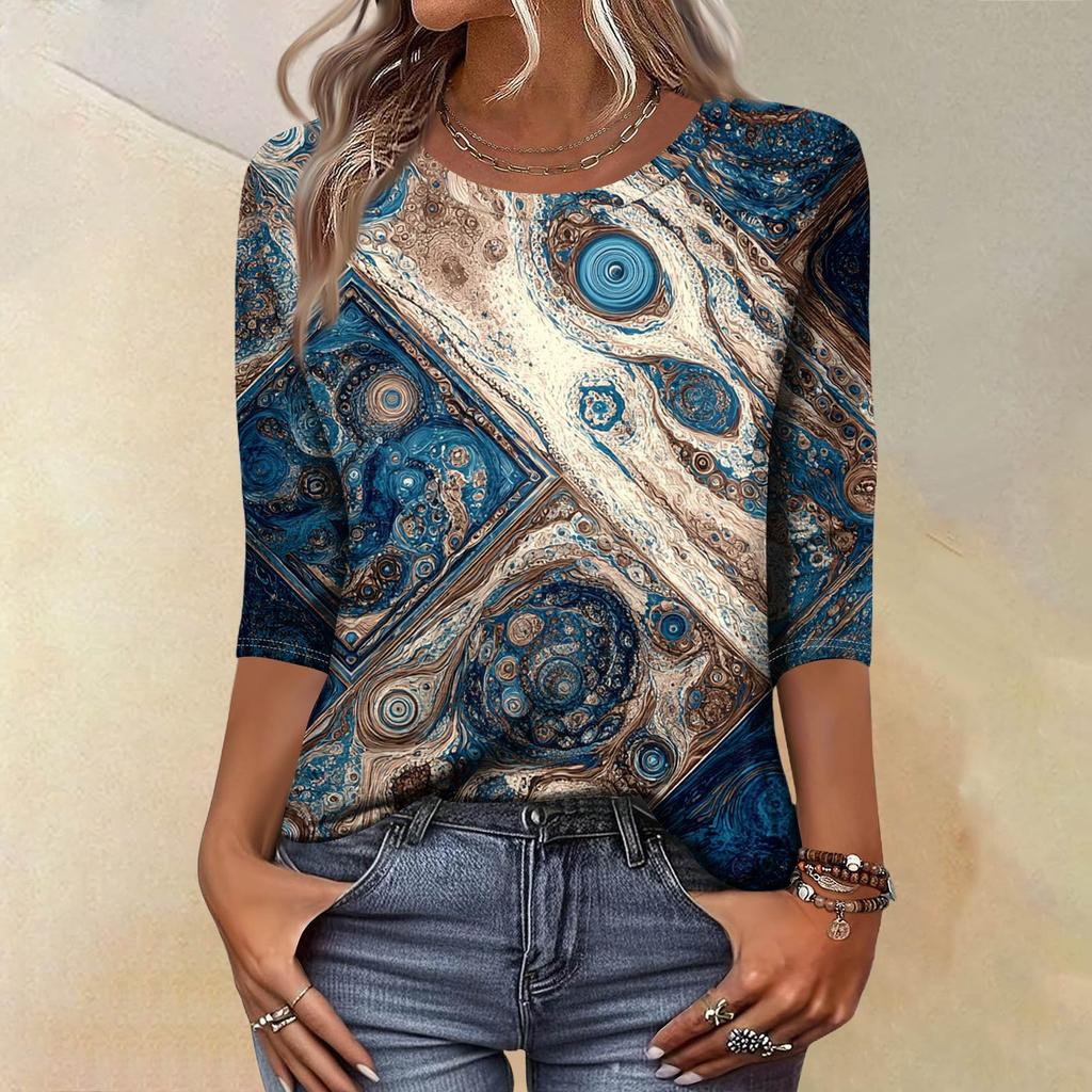 Trendy Vintage 3/4 Sleeve Top For Women ,Ladies Casual Three Quarter Sleeve Round Collar Printed T-Shirt Blouse