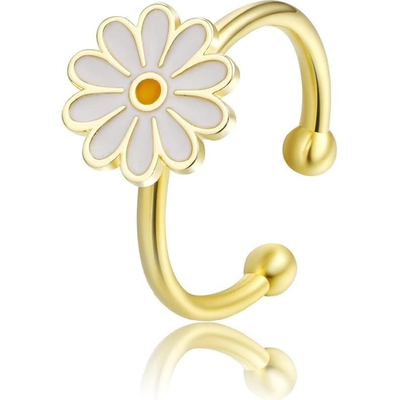 ASCOMY Gold Fidget Spinner Ring for Relieving Stress Anxiety 14K Gold Plated Dainty Adjustable CZ Four Leaf Stackable Rings for Women Every Jewelry