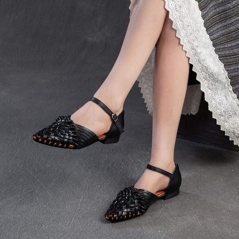 GKTINOO 2025 Лето Новые Ретро Плетеные Вручную Сандалии из Натуральной Кожи Дышащие С Пряжкой Повседневные Женские Туфли