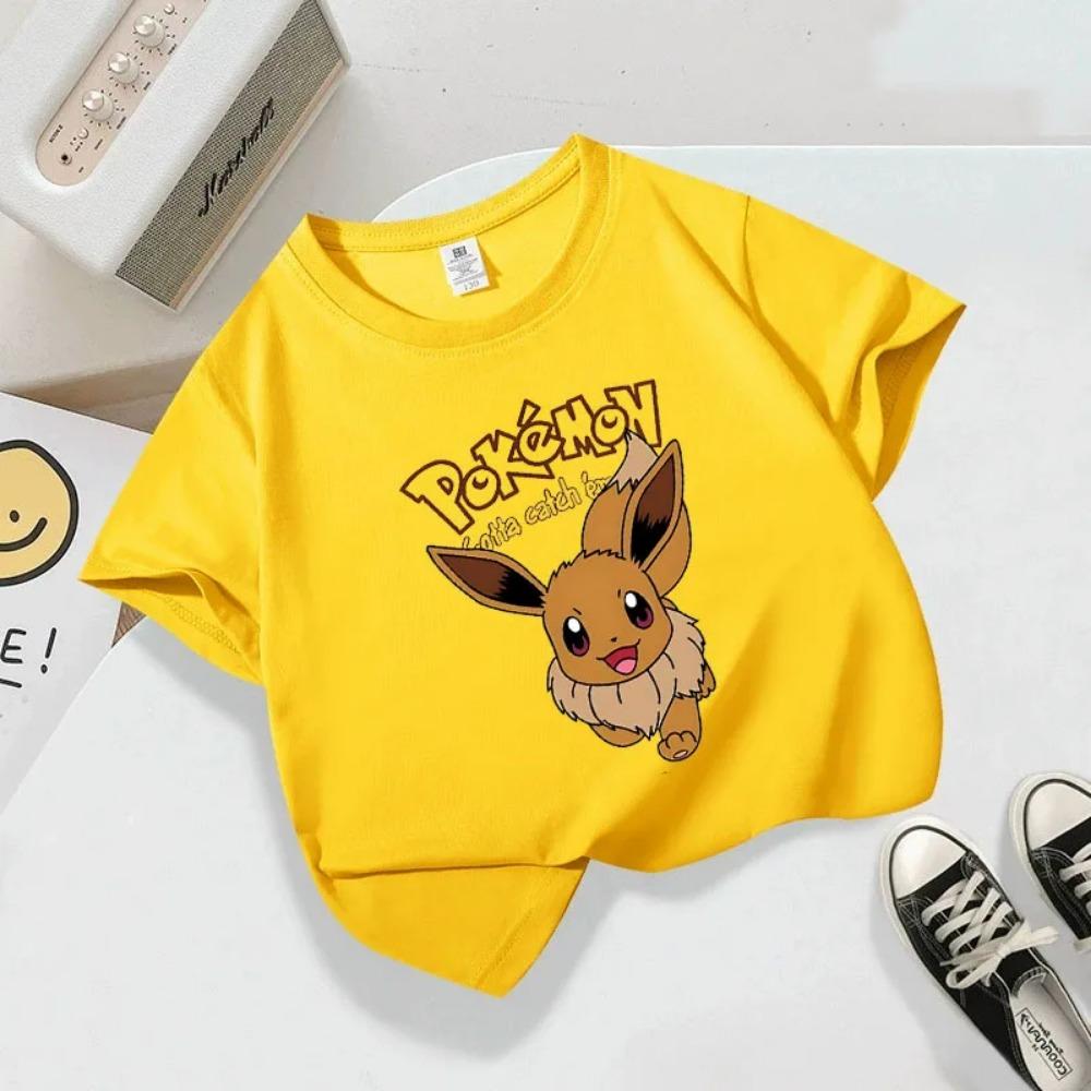 Summer children's playful Pikachu print short-sleeved casual T-shirt for boys and girls, comfortable and soft.