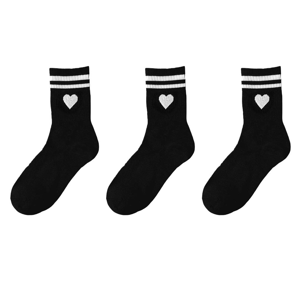 3/5/10/20 Pairs Women's Crew Socks Black Socks, Heart and Stripes, Comfortable, Breathable, Moisture-Wicking
