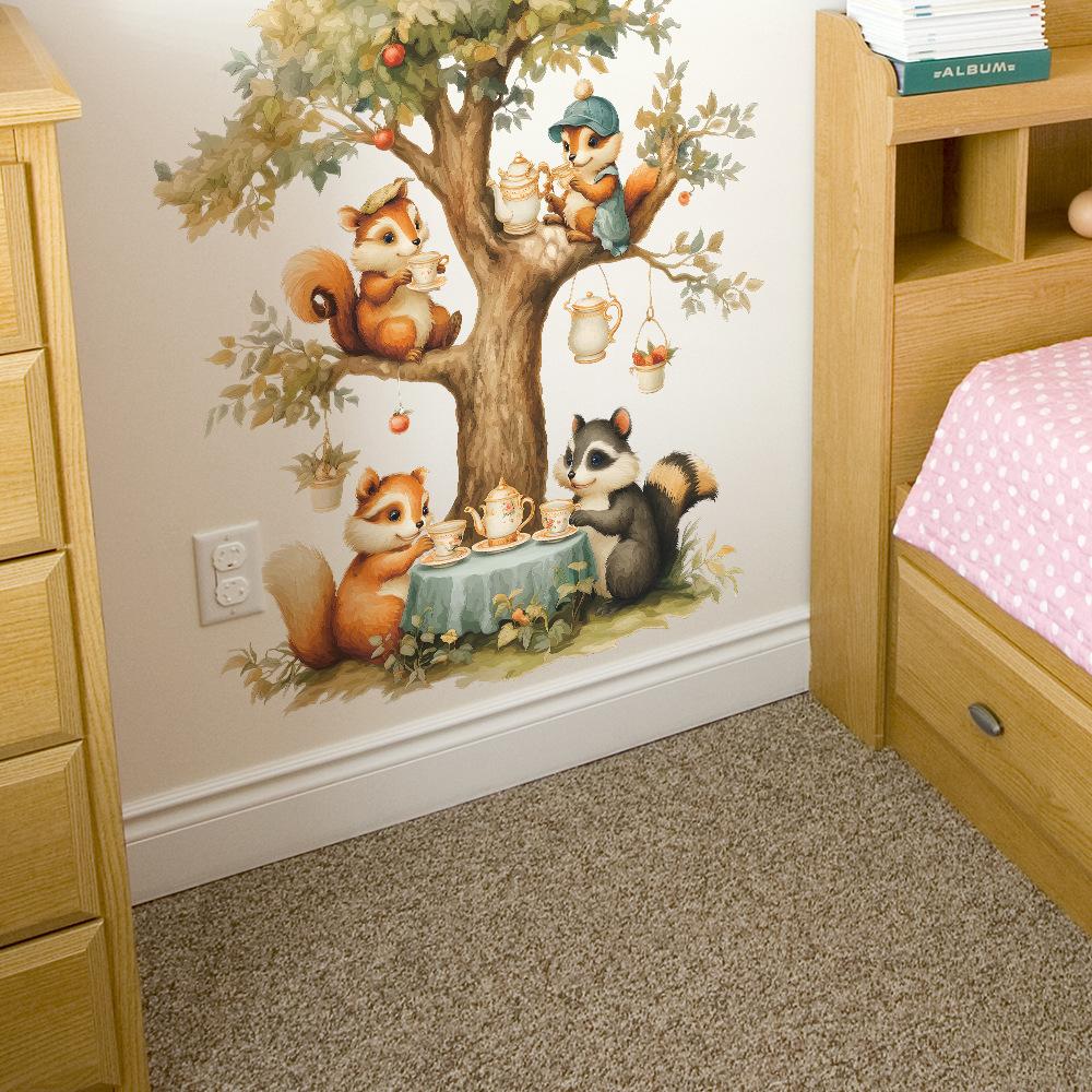 Decorative Wall Stickers for The Children's Room of The Squirrel Family Holding A Tea Party Under The Cartoon Tree