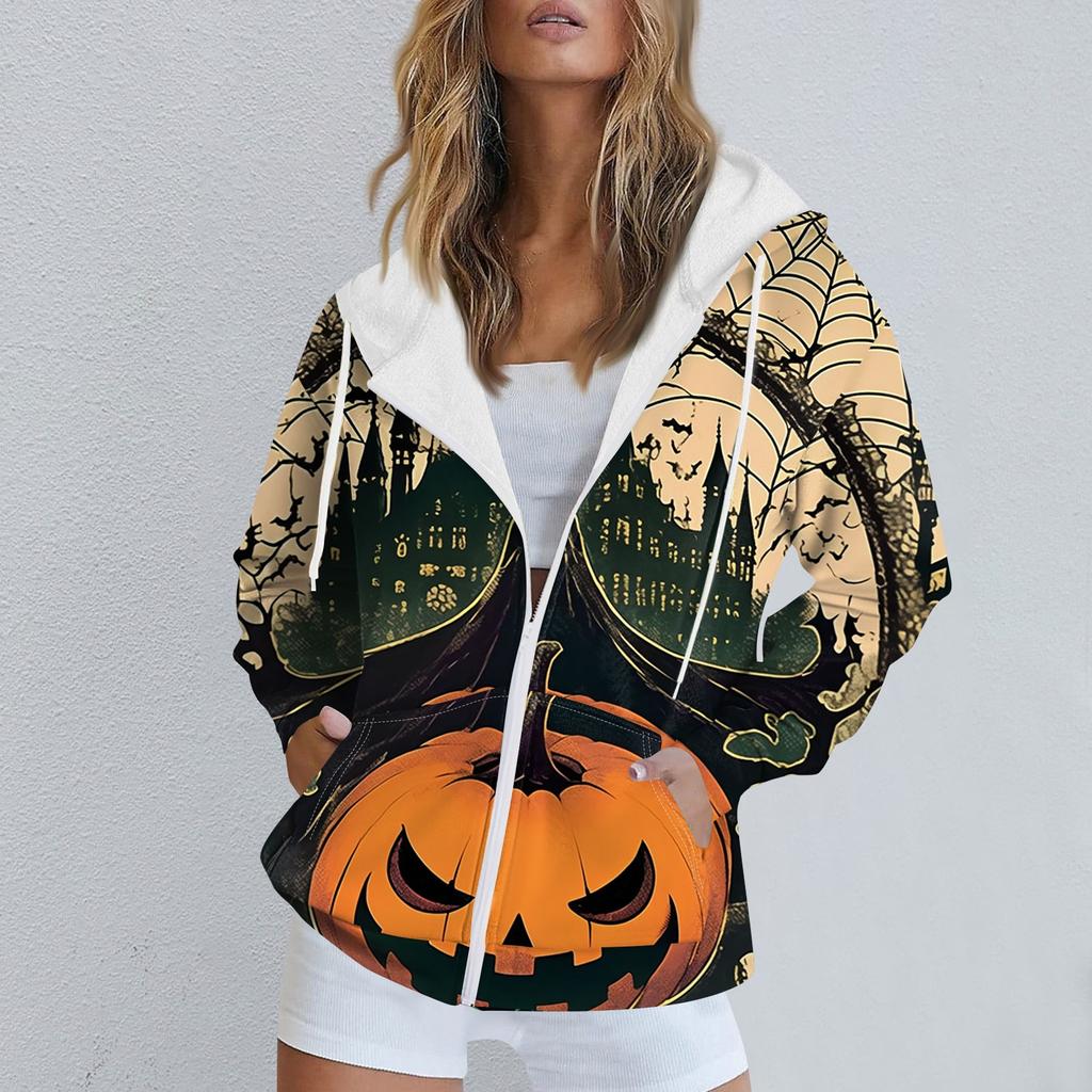 Женская повседневная спортивная одежда с принтом на Хэллоуин, осенне-зимняя куртка с капюшоном и длинными рукавами, с карманом на молнии