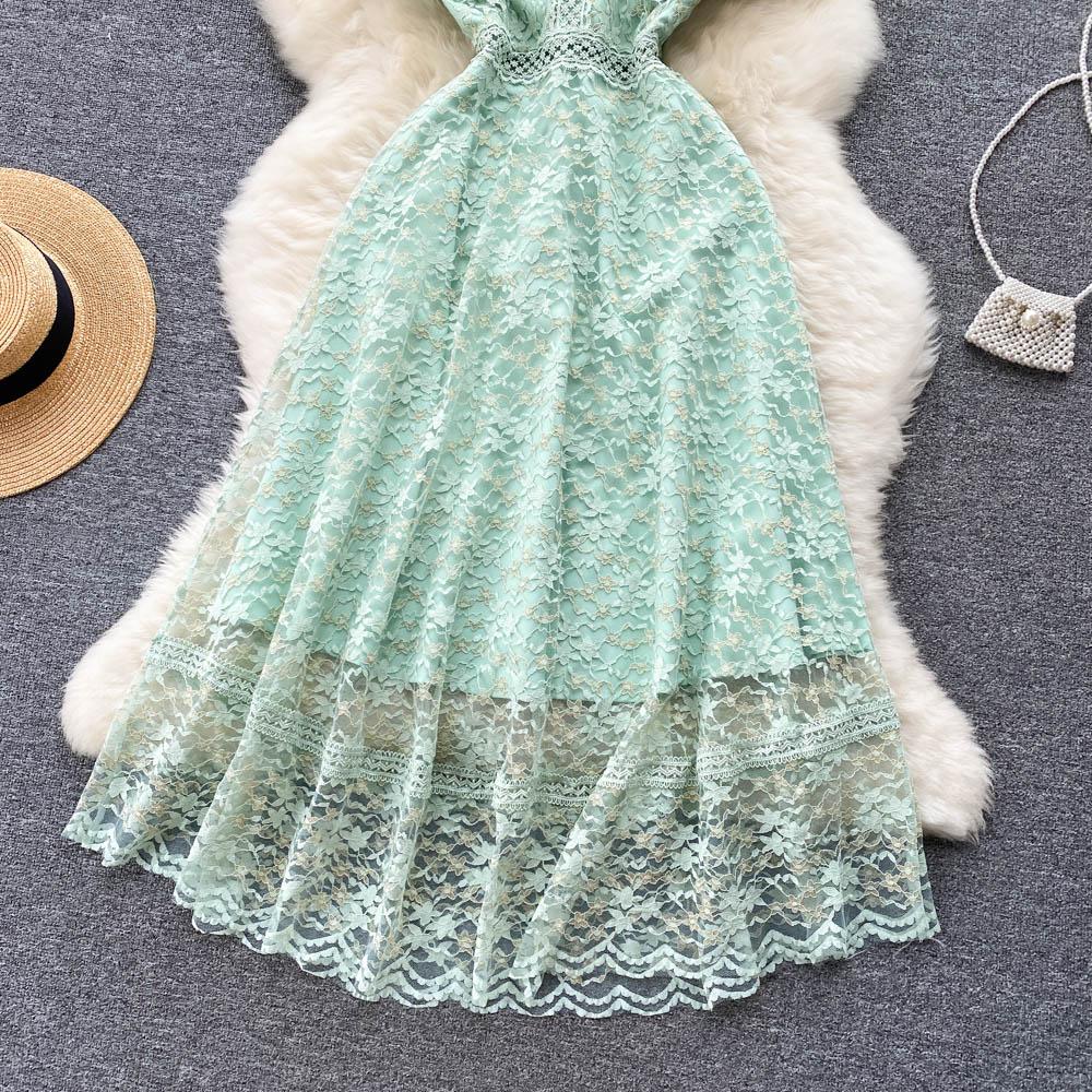 Женское зеленое кружевное вечернее платье с рукавами-крылышками, летние элегантные платья во французском стиле с вырезом и круглым вырезом, женские однотонные повседневные платья до середины икры