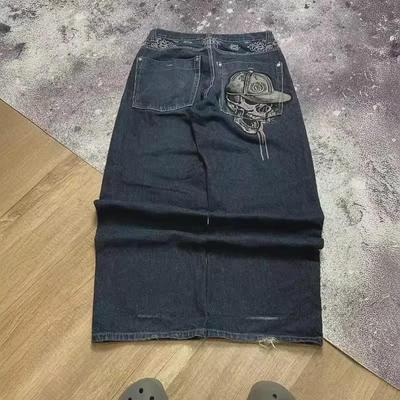 Мужские джинсы с широкими штанинами и принтом черепа - синие, в американском уличном стиле