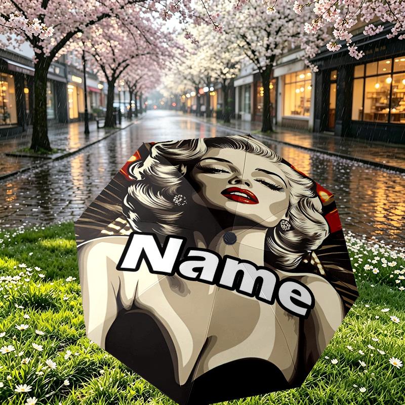 Custom Name Personalized Marilyn Monroe Print Umbrella, Auto Open Close, 8‑Rib Sturdy Frame, Commute Camping Hiking Use, Birthday Gift