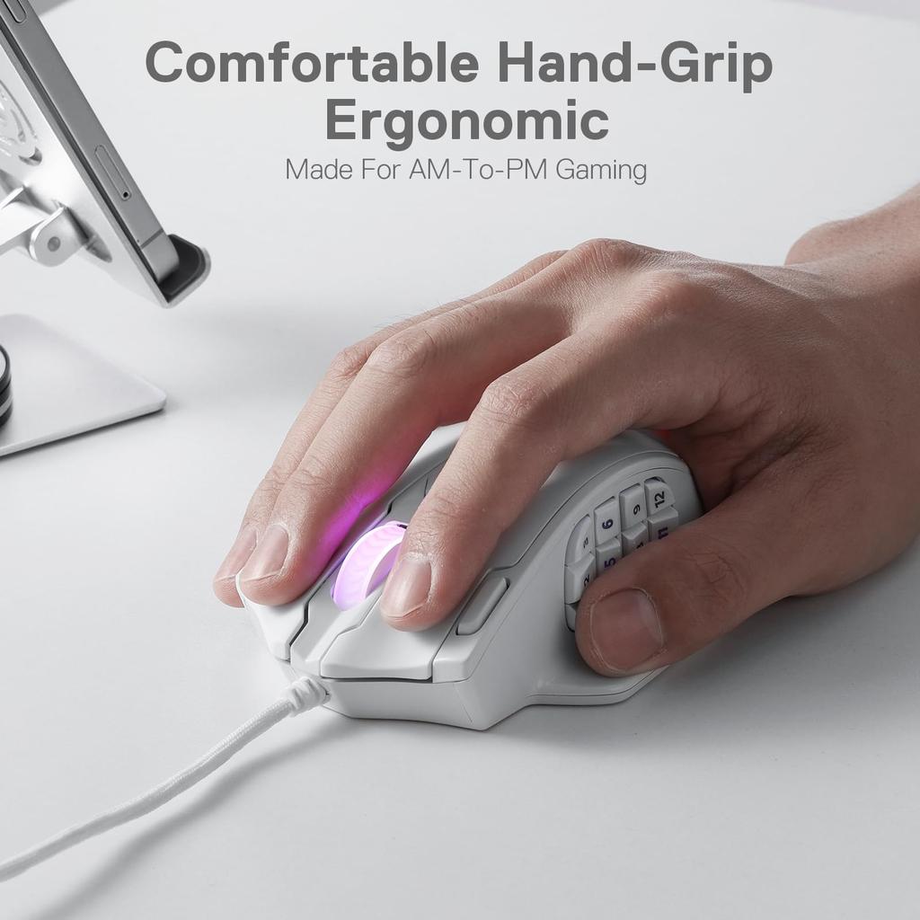 Игровая мышь Redragon M908 Impact RGB LED MMO с 12-ю оптоволоконными кабелями с разрешением DPI, эргономичными, 18 программируемыми макросами, удобными белыми кнопками,