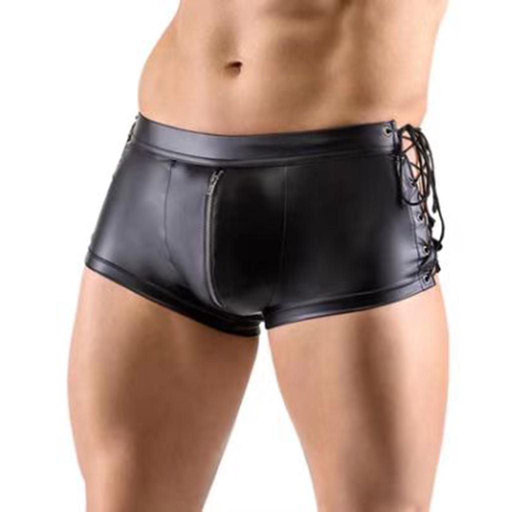 Men Wetlook Faux Leather Sport Hot Boxer Short Pants Beach Swim Trunks Shorts