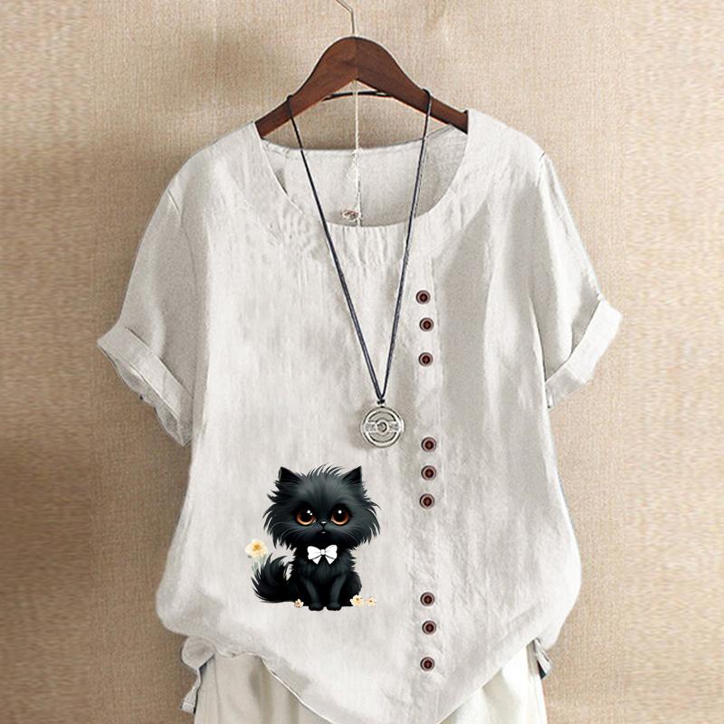 Women's Fashion Cat Prined Short Sleeve T-shirt Loose Cotton Shirt Casual Loose Summer Blouse Tops Plus Size