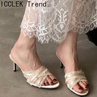 Летняя мода Кружевные женские тапочки Модные высокие каблуки Банкетные шлепанцы Женская обувь Zapatos De Mujer