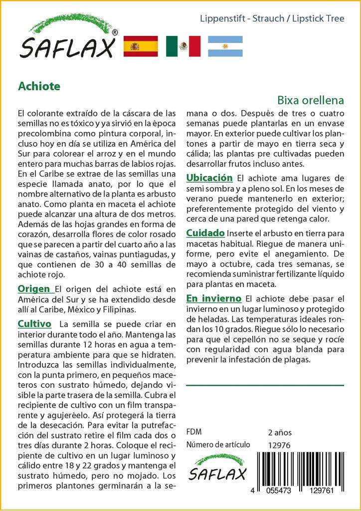 SAFLAX Подарочный набор - Дерево для губной помады - 20 семян - С подарочной коробкой, карточкой, этикеткой и субстратом для цветов - Bixa orellena