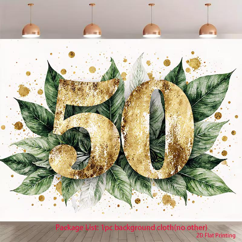 2D Gold Green Leaves 50th Birthday Photography Backdrop, Adult Birthday Decor