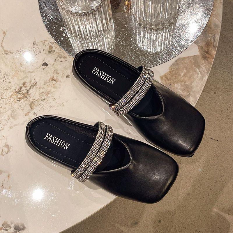 Плоские сандалии с квадратным носком, женские шлепанцы со стразами, высокое качество, удобные, слайды, 2025, роскошный новый стиль, VIP мюли для женщин