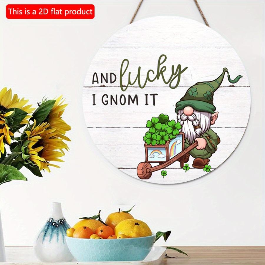 2D Flat 20*20см 1шт И Lucky I Gnom it St. День Святого Патрика Круглый деревянный домашний декор, зеленая шляпа Старый эльф и четырехлистный клевер узор Праздничная вечеринка