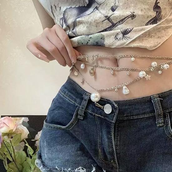Women Waist Chain Multi Layer Faux Pearls Tassel Design Belt Chain Jeans Skirts Dresses Versatile Accessory