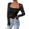 Women's Lace Floral Square Neck Ruffled Design Long-sleeved T-shirt Tops Women Versatile Closet Essential Fashion Items Shirt
