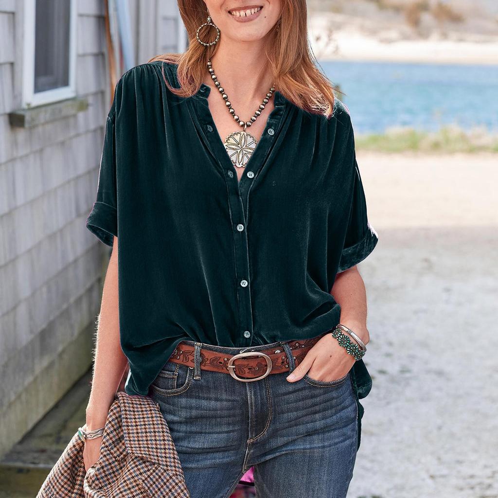 Модные топы из золотистого бархата, однотонная рубашка с короткими рукавами и круглым вырезом