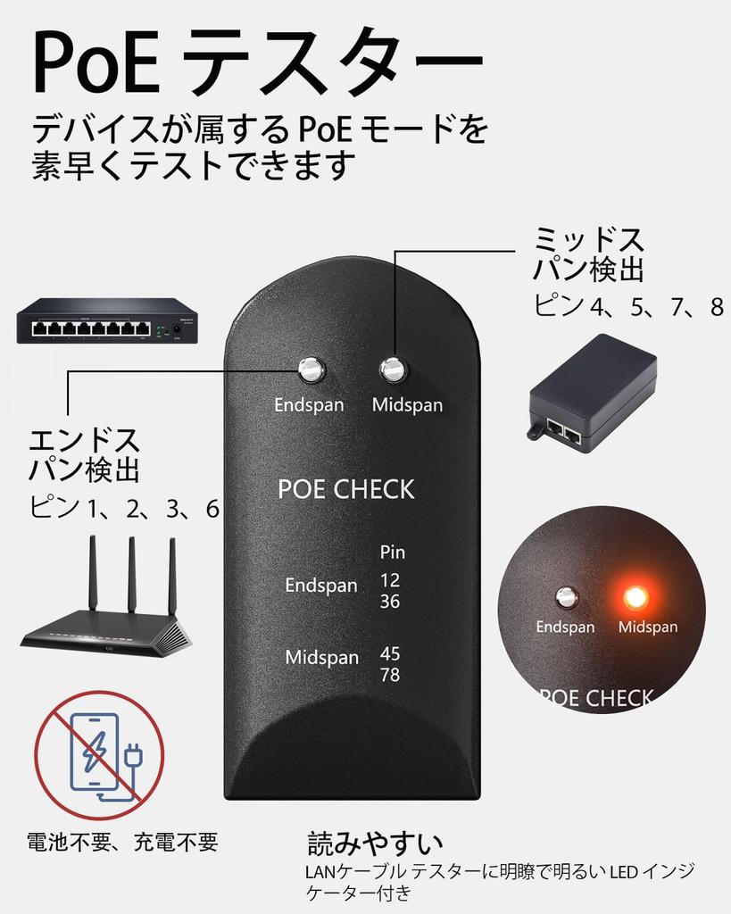 Детектор PoE VCELINK, Тестовый кабель в комплекте, Тестер, Проверка PoE, Поддерживает Midspan (Промежуточный с питанием),