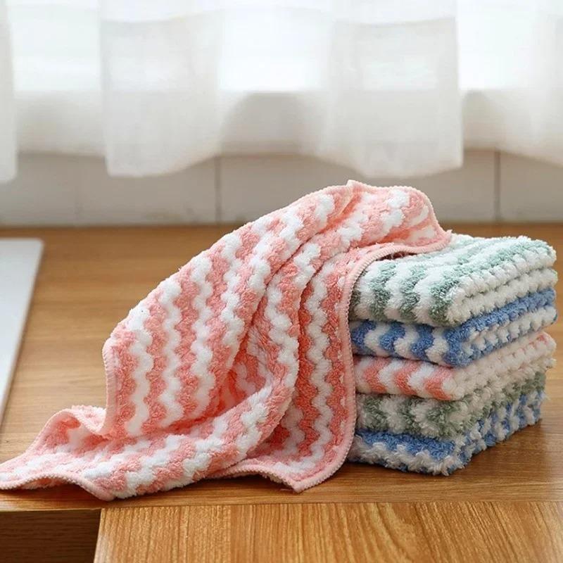 Thickened Coral Fleece Cloth Wave Striped Cleaning Cloth Home Kitchen Cleaning Supplies Absorbent Cloths Dishwashing Cloths