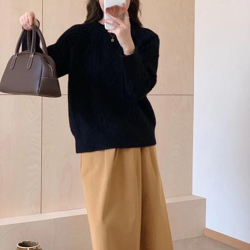 Vintage Twist Thickened Pullover Sweater Women's Autumn and Winter Solid Color Round Neck All-match Loose Knitted Sweater for Outer Wear