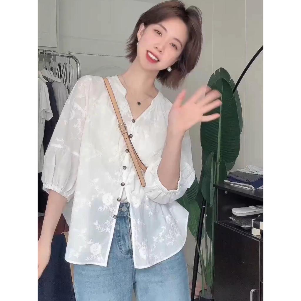 Элегантный вышитый женский топ с рукавом семь восьмых, лето 2025